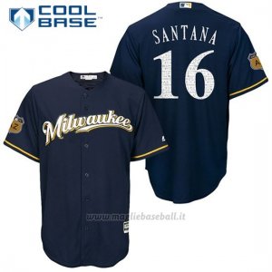 Maglia Baseball Uomo Milwaukee Brewers Domingo Santana Blu 2017 Allenamento Primaverile Cool Base Giocatore