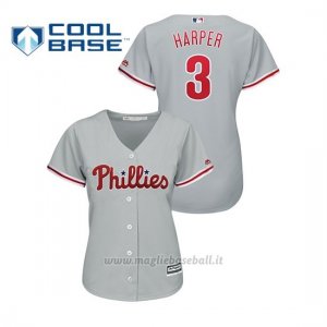 Maglia Baseball Donna Philadelphia Phillies 3 Bryce Harper Cool Base Majestic Segunda Grigio