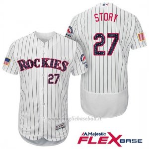 Maglia Baseball Uomo Colorado Rockies 2017 Estrellas y Rayas Trevor Story 27 Bianco Flex Base