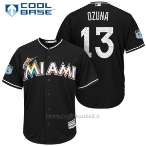 Maglia Baseball Uomo Miami Marlins Marchell Ozuna Nero 2017 Allenamento Primaverile Cool Base Giocatore