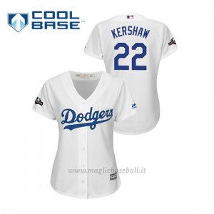 Maglia Baseball Donna Los Angeles Dodgers 22 Clayton Kershaw 2019 Postseason Cool Base Bianco