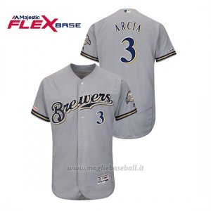 Maglia Baseball Uomo Milwaukee Brewers Orlando Arcia 150th Aniversario Patch Autentico Flex Base Grigio