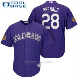 Maglia Baseball Uomo Colorado Rockies Nolan Arenado 28 Viola 2017 Allenamento Primaverile Cool Base Giocatore