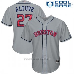 Maglia Baseball Uomo Houston Astros 2017 Estrellas y Rayas Jose Altuve Grigio Cool Base