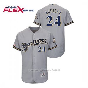 Maglia Baseball Uomo Milwaukee Brewers Jesus Aguilar 150th Aniversario Patch Autentico Flex Base Grigio