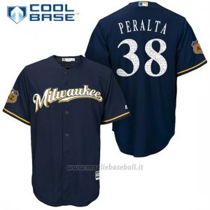 Maglia Baseball Uomo Milwaukee Brewers Wily Peralta Blu 2017 Allenamento Primaverile Cool Base Giocatore