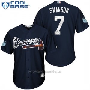 Maglia Baseball Uomo Atlanta Braves 3 Dansby Swanson Blu 2017 Allenamento Primaverile Cool Base