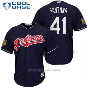 Maglia Baseball Uomo Cleveland Indians Carlos Santana 41 Blu 2017 Allenamento Primaverile Cool Base Giocatore