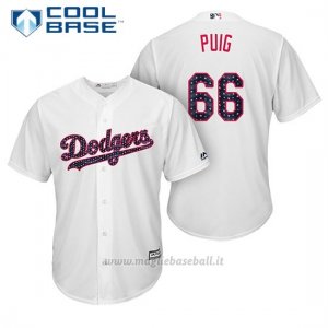 Maglia Baseball Uomo Los Angeles Dodgers 2017 Estrellas y Rayas Yasiel Puig Bianco Cool Base
