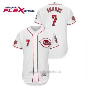 Maglia Baseball Uomo Cincinnati Reds Eugenio Suarez 150th Aniversario Patch Flex Base Bianco