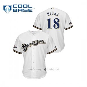 Maglia Baseball Uomo Milwaukee Brewers 18 Keston Hiura 2019 Postseason Cool Base Bianco