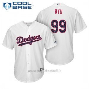 Maglia Baseball Uomo Los Angeles Dodgers 2017 Estrellas y Rayas Hyun Jin Ryu Bianco Cool Base