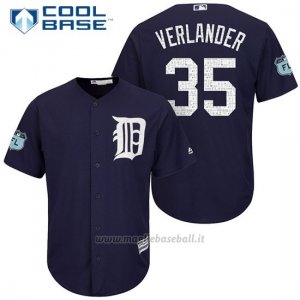 Maglia Baseball Uomo Detroit Tigers Justin Verlander 35 Blu 2017 Allenamento Primaverile Cool Base Giocatore