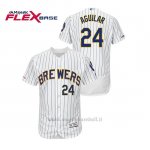 Maglia Baseball Uomo Milwaukee Brewers Jesus Aguilar 150th Aniversario Patch Autentico Flex Base Bianco Blu