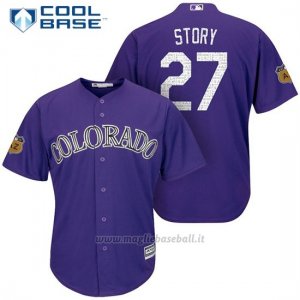 Maglia Baseball Uomo Colorado Rockies Trevor Story 27 Viola 2017 Allenamento Primaverile Cool Base Giocatore