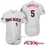 Maglia Baseball Uomo Colorado Rockies 2017 Estrellas y Rayas Carlos Gonzalez 5 Bianco Flex Base