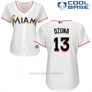 Maglia Baseball Donna Miami Marlins 13 Marcell Ozuna Bianco Autentico Collezione Cool Base