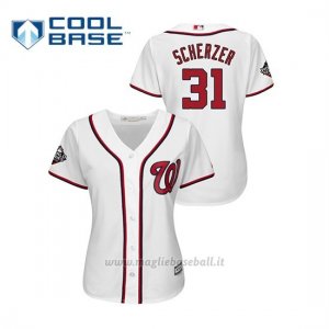 Maglia Baseball Donna Washington Nationals 31 Max Scherzer 2019 World Series Bound Cool Base Bianco