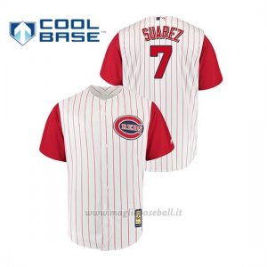 Maglia Baseball Hombre Cincinnati Reds 7 Eugenio Suarez Throwback 1961 Cool Base Bianco Rosso