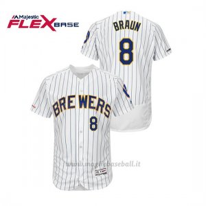Maglia Baseball Uomo Milwaukee Brewers Ryan Braun 150th Aniversario Patch Autentico Flex Base Bianco Blu