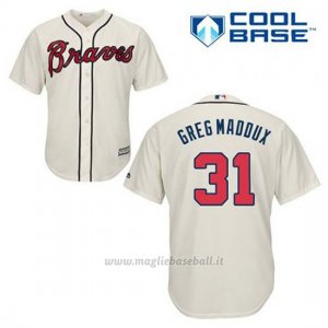 Maglia Baseball Uomo Atlanta Braves 31 Greg Maddux Crema Alterner Cool Base