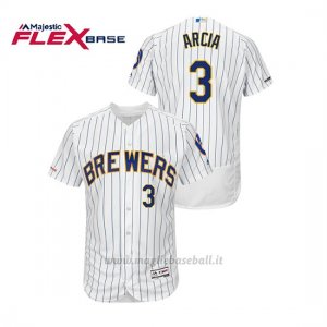 Maglia Baseball Uomo Milwaukee Brewers Orlando Arcia 150th Aniversario Patch Autentico Flex Base Bianco Blu