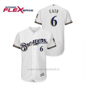Maglia Baseball Uomo Milwaukee Brewers Lorenzo Cain 150th Aniversario Patch Autentico Flex Base Bianco