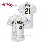 Maglia Baseball Uomo Milwaukee Brewers Travis Shaw 150th Aniversario Patch Autentico Flex Base Bianco Blu