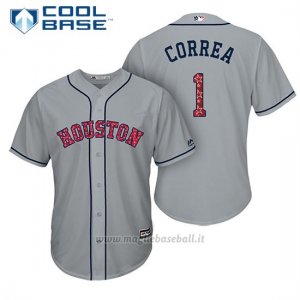 Maglia Baseball Uomo Houston Astros 2017 Estrellas y Rayas Carlos Correa Grigio Cool Base
