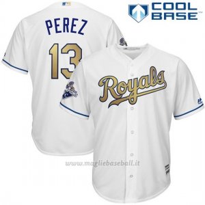 Maglia Baseball Uomo Kansas City Royals Salvador Perez 13 World Series Campione Or Program Bianco Cool Base