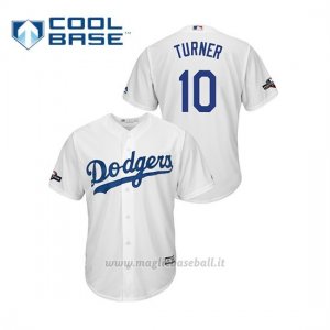 Maglia Baseball Uomo Los Angeles Dodgers 10 Justin Turner 2019 Postseason Cool Base Bianco