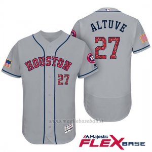 Maglia Baseball Uomo Houston Astros 2017 Estrellas y Rayas Jose Altuve Grigio Flex Base