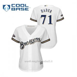 Maglia Baseball Donna Milwaukee Brewers 71 Josh Hader 2019 Postseason Cool Base Bianco