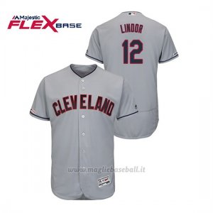 Maglia Baseball Uomo Cleveland Indians Francisco Lindor 150th Aniversario Patch Flex Base Grigio