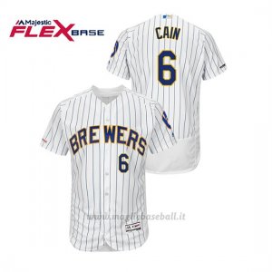 Maglia Baseball Uomo Milwaukee Brewers Lorenzo Cain 150th Aniversario Patch Autentico Flex Base Bianco Blu
