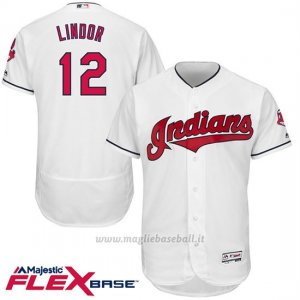 Maglia Baseball Uomo Cleveland Indians Francisco Lindor 12 Bianco Flex Base Autentico Collezione Giocatore