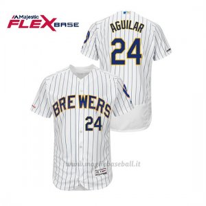 Maglia Baseball Uomo Milwaukee Brewers Jesus Aguilar 150th Aniversario Patch Autentico Flex Base Bianco Blu