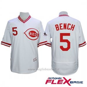 Maglia Baseball Uomo Cincinnati Reds 5 Johnny Bench Majestic Autentico Collezione Flex Base Bianco
