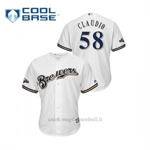 Maglia Baseball Uomo Milwaukee Brewers 58 Alex Claudio 2019 Postseason Cool Base Bianco