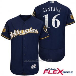 Maglia Baseball Uomo Milwaukee Brewers Domingo Santana Blu 2017 Allenamento Primaverile Flex Base Giocatore