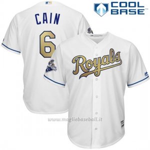 Maglia Baseball Uomo Kansas City Royals Lorenzo Cain World Series Campione Or Program Bianco Cool Base