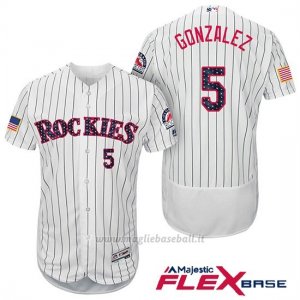 Maglia Baseball Uomo Colorado Rockies 2017 Estrellas y Rayas Carlos Gonzalez 5 Bianco Flex Base