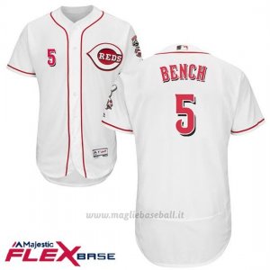 Maglia Baseball Uomo Cincinnati Reds 5 Johnny Bench Autentico Collezione Flex Base Bianco
